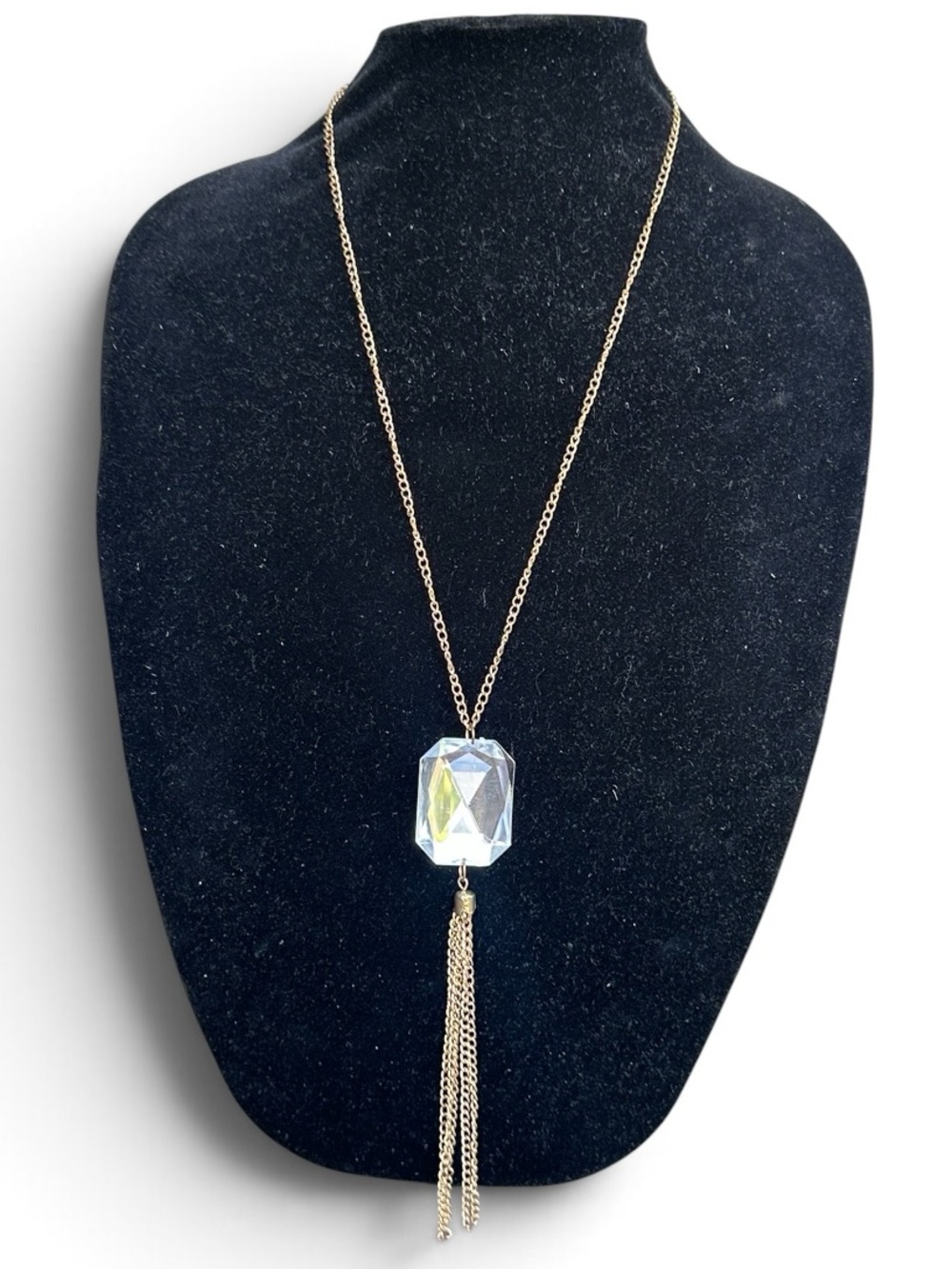 Long Gold-Tone Chain Tassel Necklace Emerald Cut Clear Crystal Pendant Boho
